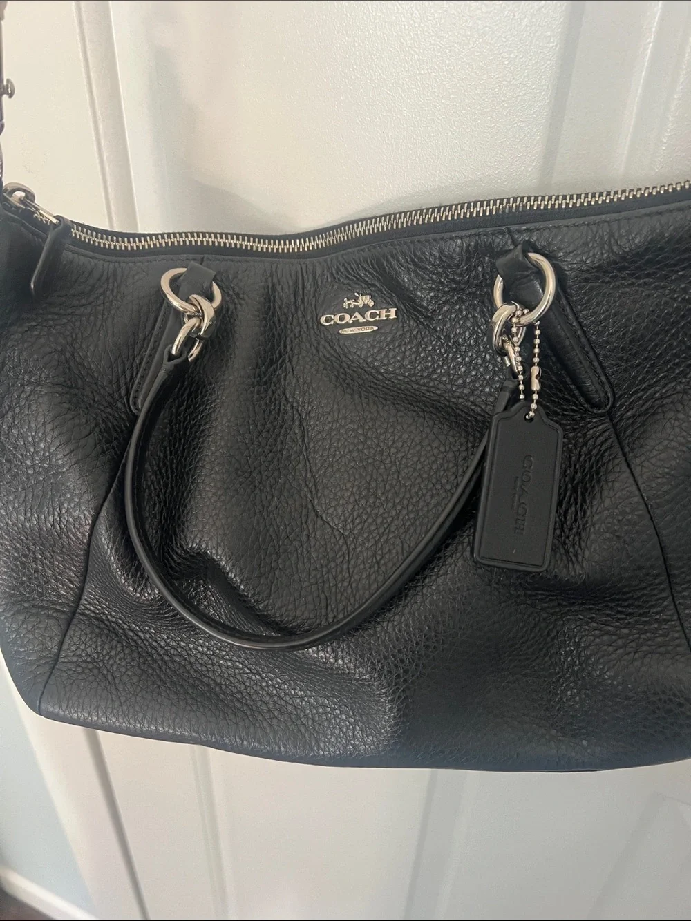Coach Black Pebbled Leather Satchel with Shoulder Strap . 14W, 9L.